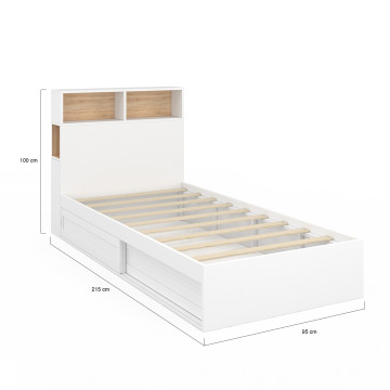 Lit simple Gaby avec rangements 90x190cm blanc bois
