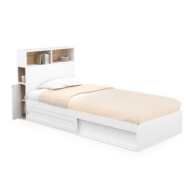 Lit simple Gaby avec rangements 90x190cm blanc bois