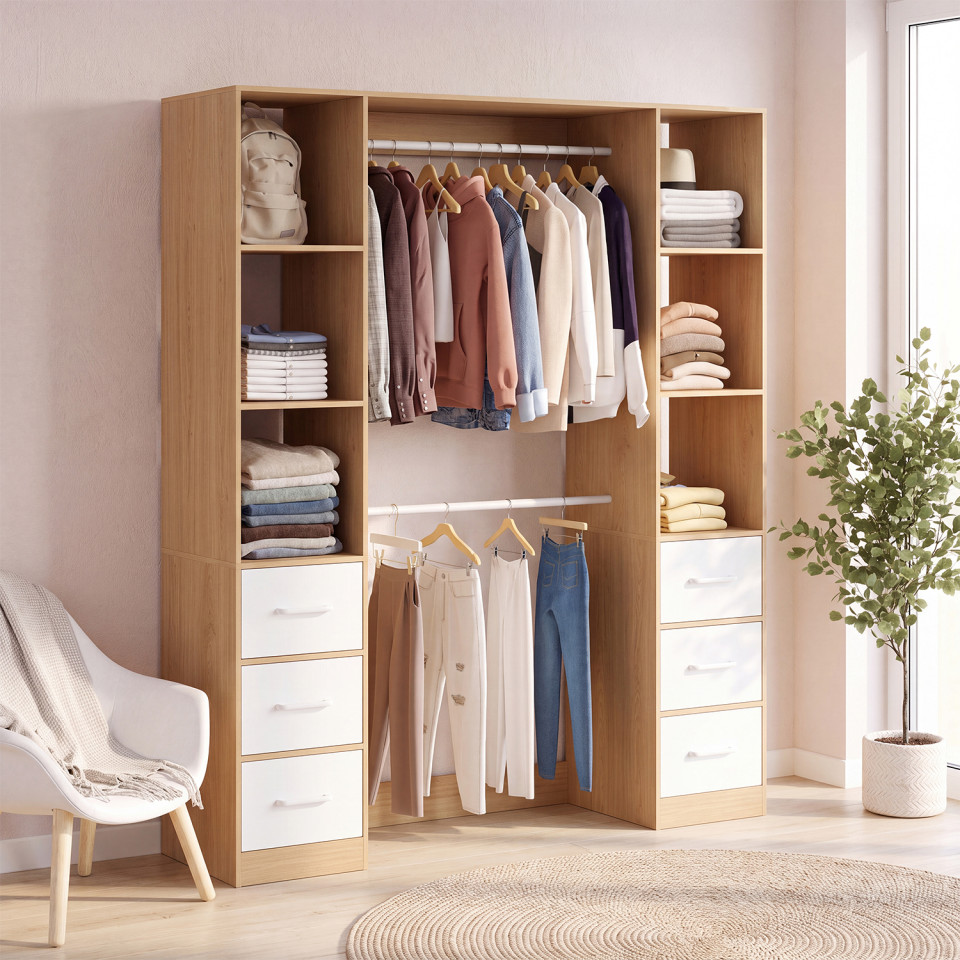 Dressing Uma double colonne 6 tiroirs bois et blanc