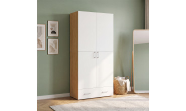 Armoire Yulia 2 portes avec étagères effet hêtre et blanc