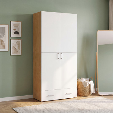 Armoire Yulia 2 portes avec étagères effet hêtre et blanc