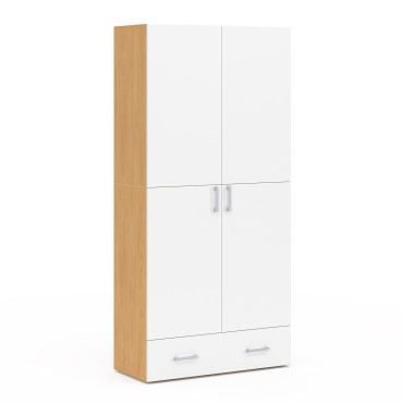 Armoire Yulia 2 portes avec étagères effet hêtre et blanc