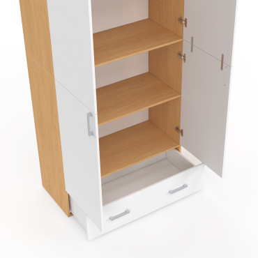 Armoire Yulia 2 portes avec étagères effet hêtre et blanc