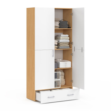 Armoire Yulia 2 portes avec étagères effet hêtre et blanc