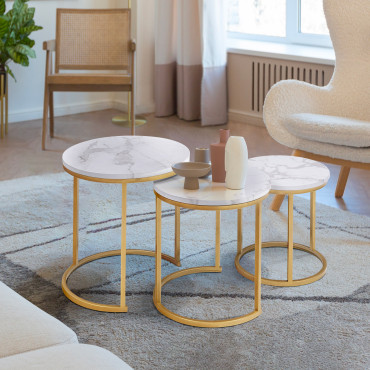 Tables basses gigognes Glam effet marbre blanc pieds dorés - lot de 3