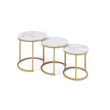 Tables basses gigognes Glam effet marbre blanc pieds dorés - lot de 3