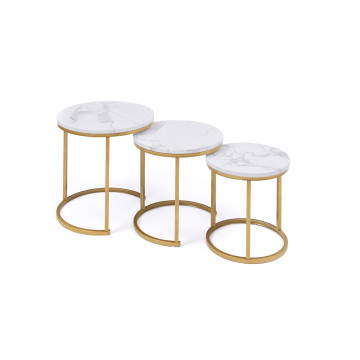 Tables basses gigognes Glam effet marbre blanc pieds dorés - lot de 3