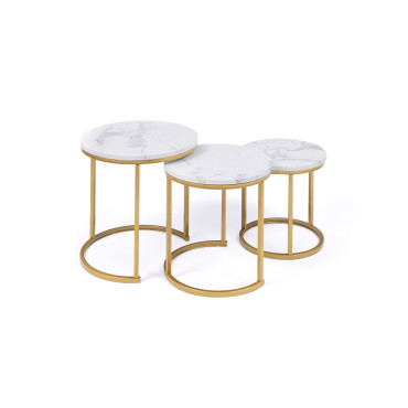 Tables basses gigognes Glam effet marbre blanc pieds dorés - lot de 3