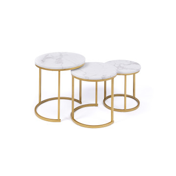 Tables basses gigognes Glam effet marbre blanc pieds dorés - lot de 3