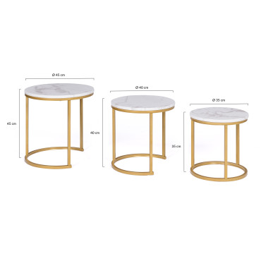 Tables basses gigognes Glam effet marbre blanc pieds dorés - lot de 3