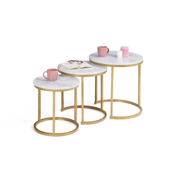 Tables basses gigognes Glam effet marbre blanc pieds dorés - lot de 3