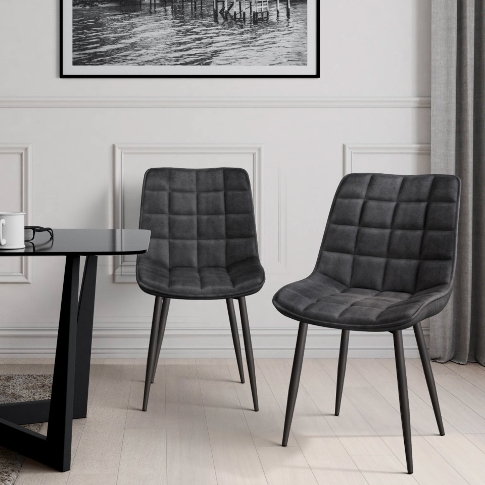 Chaises Melinda en velours gris foncé et pieds noirs - lot de 2