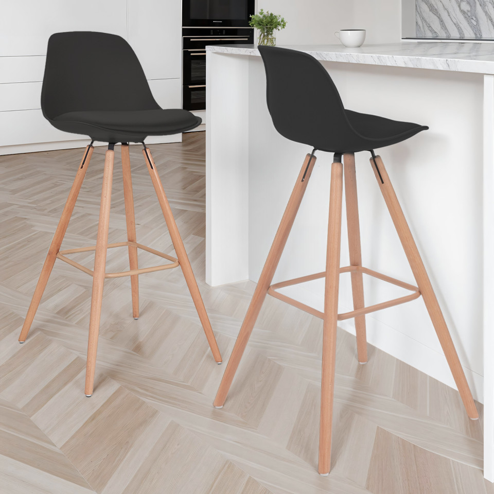 Tabourets de bar Oslo noirs pieds bois - lot de 2
