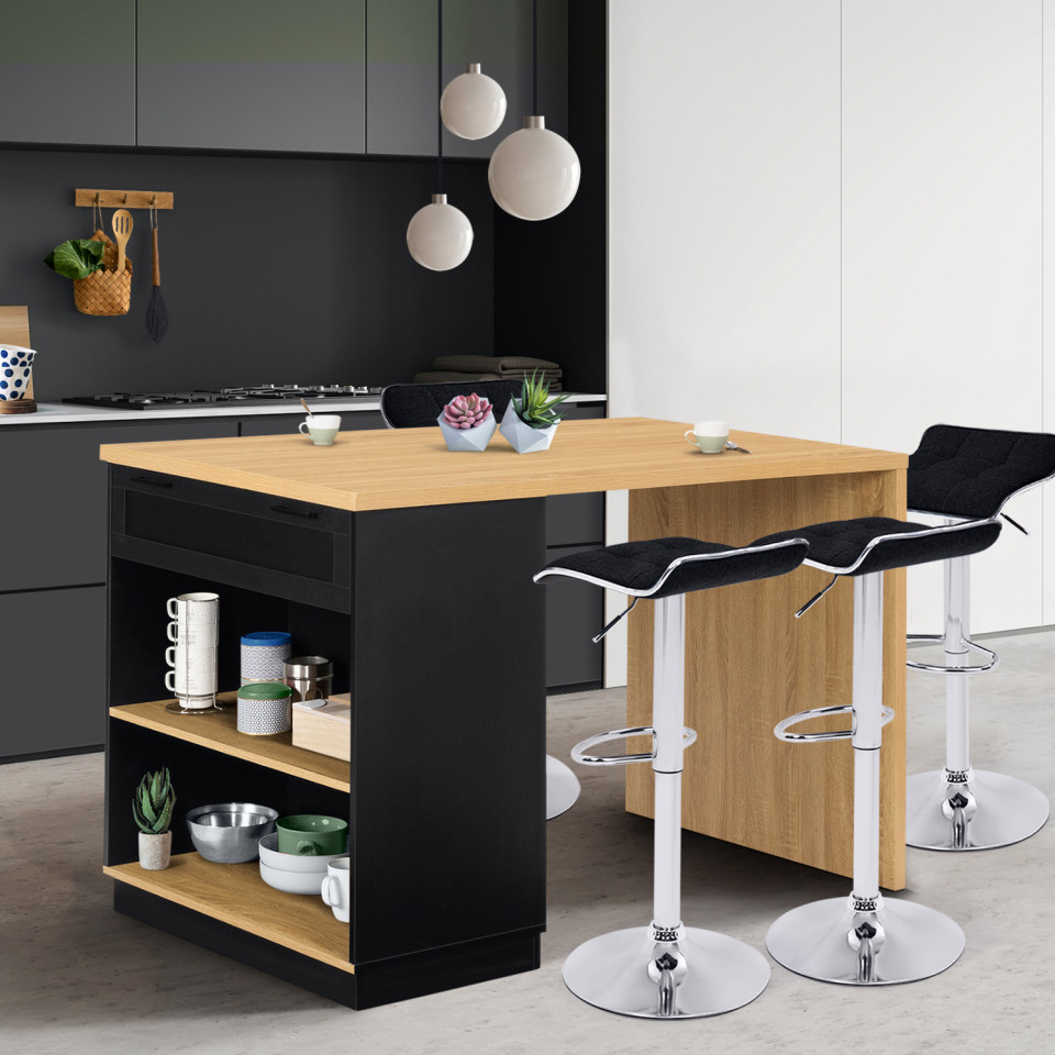 Ilot de cuisine Marius bois et noir avec rangements