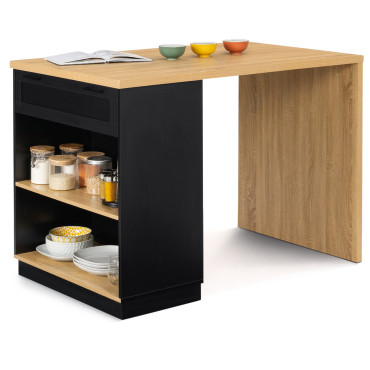 Ilot de cuisine Marius bois et noir avec rangements