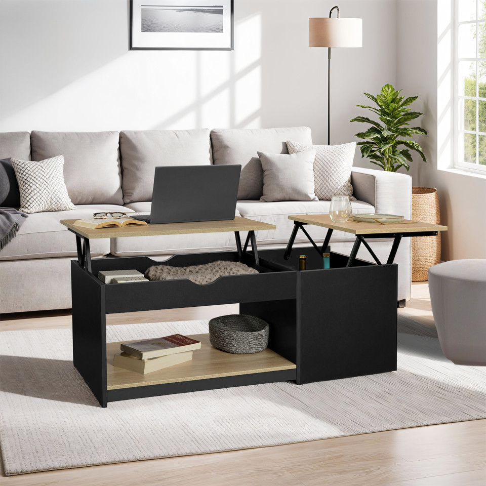 Table basse Elina double plateau relevable et coffre noire et bois