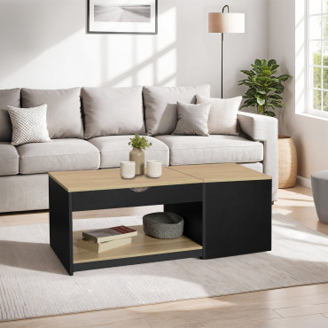 Table basse Elina double plateau relevable et coffre noire et bois