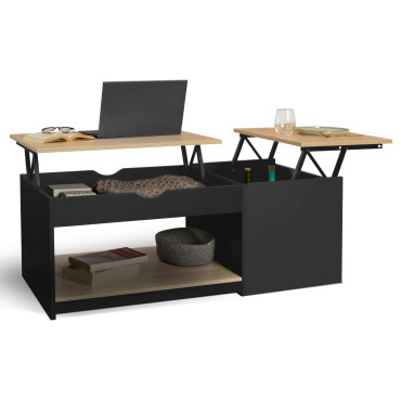 Table basse Elina double plateau relevable et coffre noire et bois