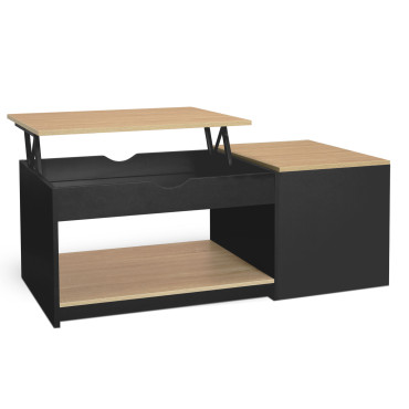 Table basse Elina double plateau relevable et coffre noire et bois