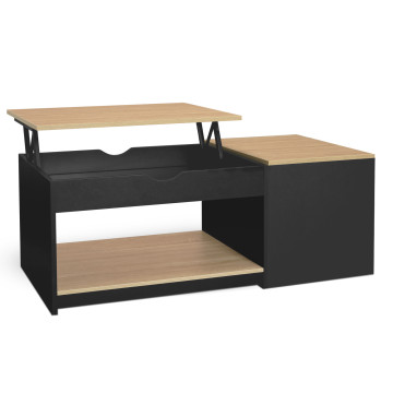 Table basse Elina double plateau relevable et coffre noire et bois