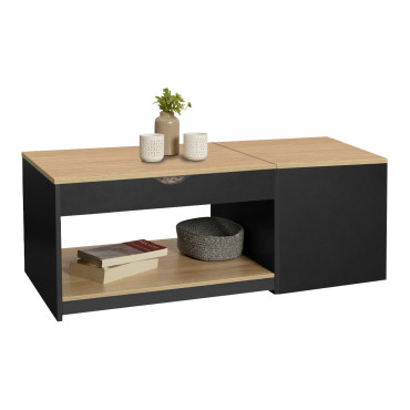Table basse Elina double plateau relevable et coffre noire et bois