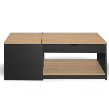 Table basse Elina double plateau relevable et coffre noire et bois