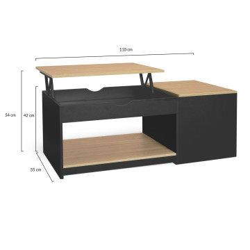Table basse Elina double plateau relevable et coffre noire et bois