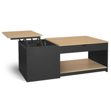 Table basse Elina double plateau relevable et coffre noire et bois