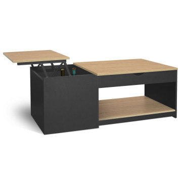 Table basse Elina double plateau relevable et coffre noire et bois