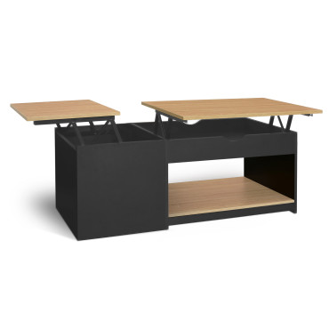 Table basse Elina double plateau relevable et coffre noire et bois
