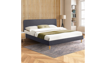 Lit Evy 160x200cm tissu gris pieds bois