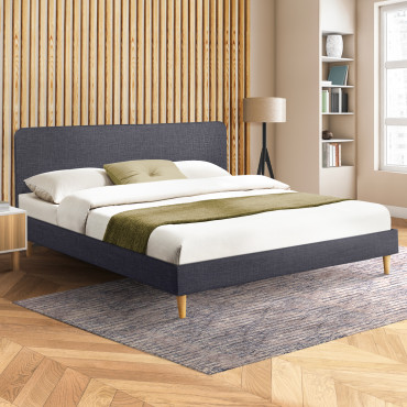 Lit Evy 160x200cm tissu gris pieds bois