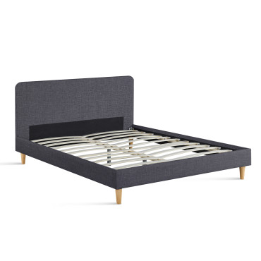Lit Evy 160x200cm tissu gris pieds bois