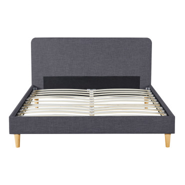 Lit Evy 160x200cm tissu gris pieds bois