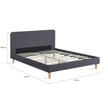 Lit Evy 160x200cm tissu gris pieds bois