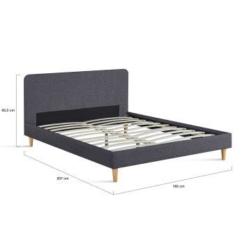 Lit Evy 160x200cm tissu gris pieds bois