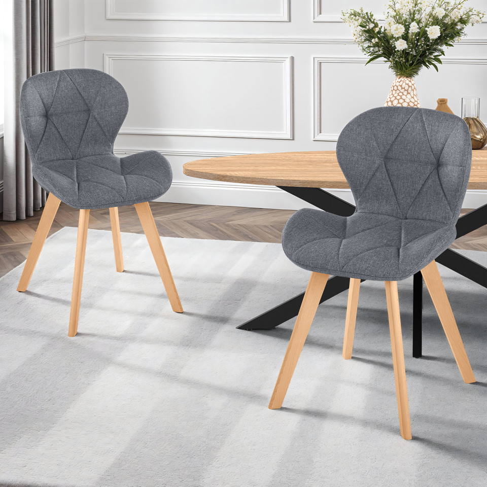 Chaises Gatsby en tissu gris et pieds bois - lot de 2