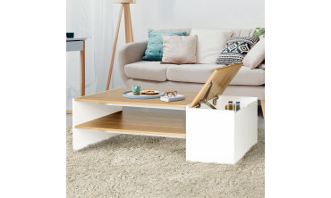 Table basse Zoé avec coffre latéral bois et blanc