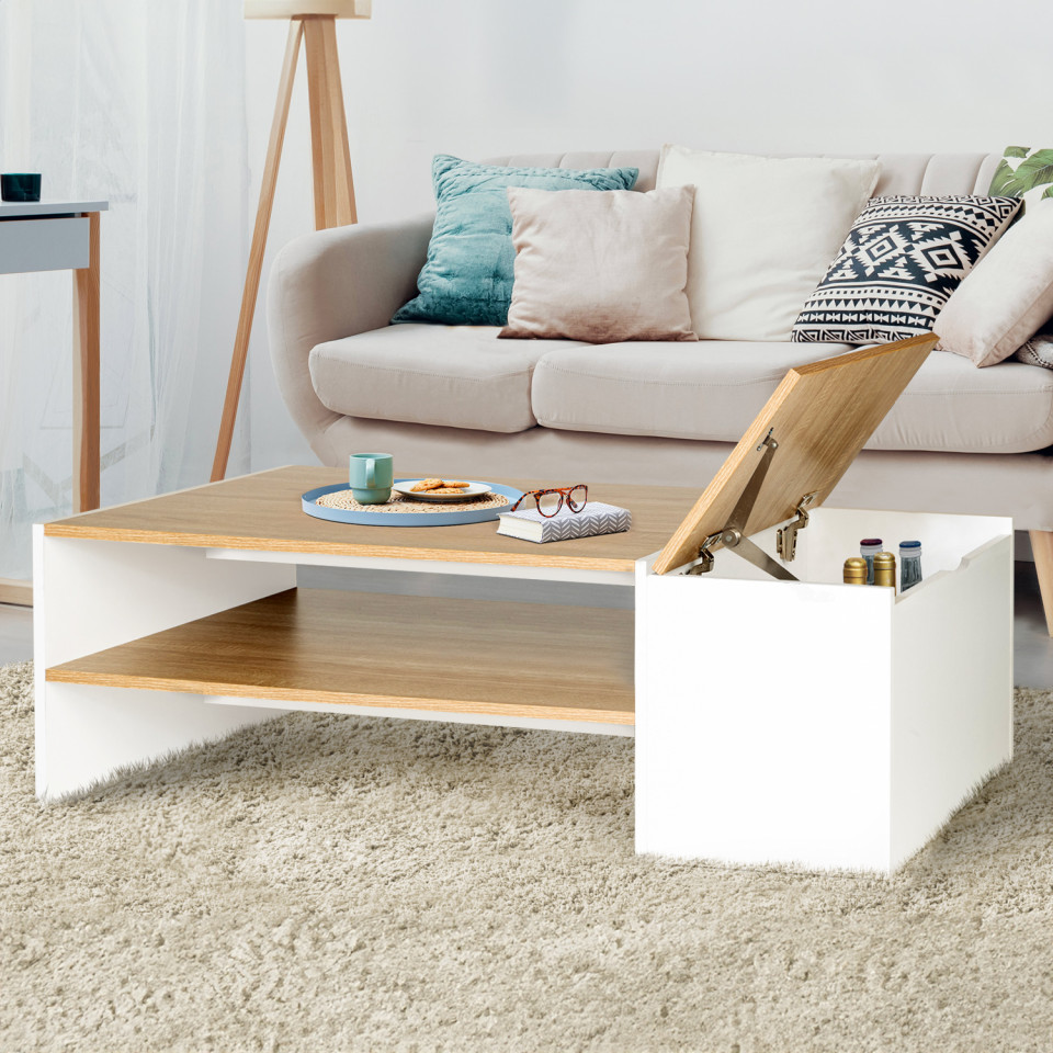 Table basse Zoé avec coffre latéral bois et blanc