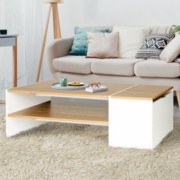 Table basse Zoé avec coffre latéral bois et blanc