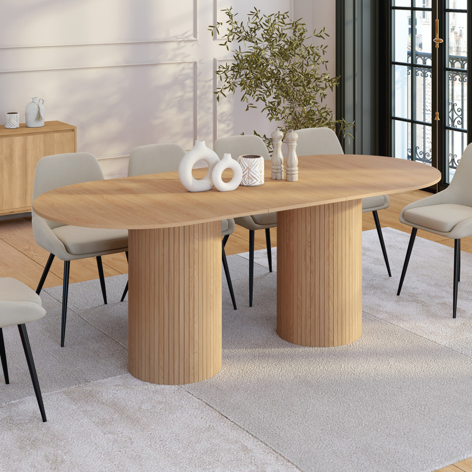 Table à manger extensible Albane 2 pieds pylône effet hêtre 160-200cm