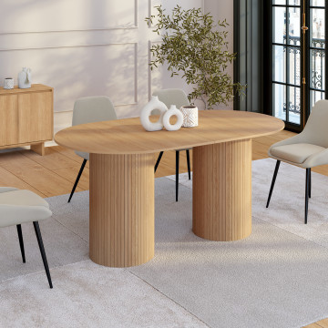 Table à manger extensible Albane 2 pieds pylône effet hêtre 160-200cm
