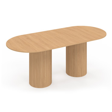 Table à manger extensible Albane 2 pieds pylône effet hêtre 160-200cm