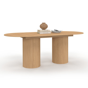 Table à manger extensible Albane 2 pieds pylône effet hêtre 160-200cm