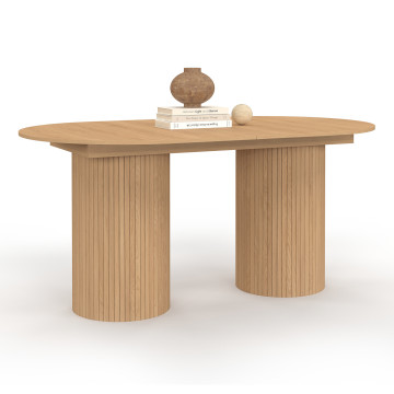Table à manger extensible Albane 2 pieds pylône effet hêtre 160-200cm