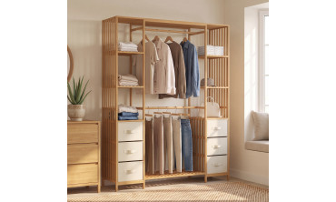 Dressing Maya bambou double penderie et double colonne avec tiroirs