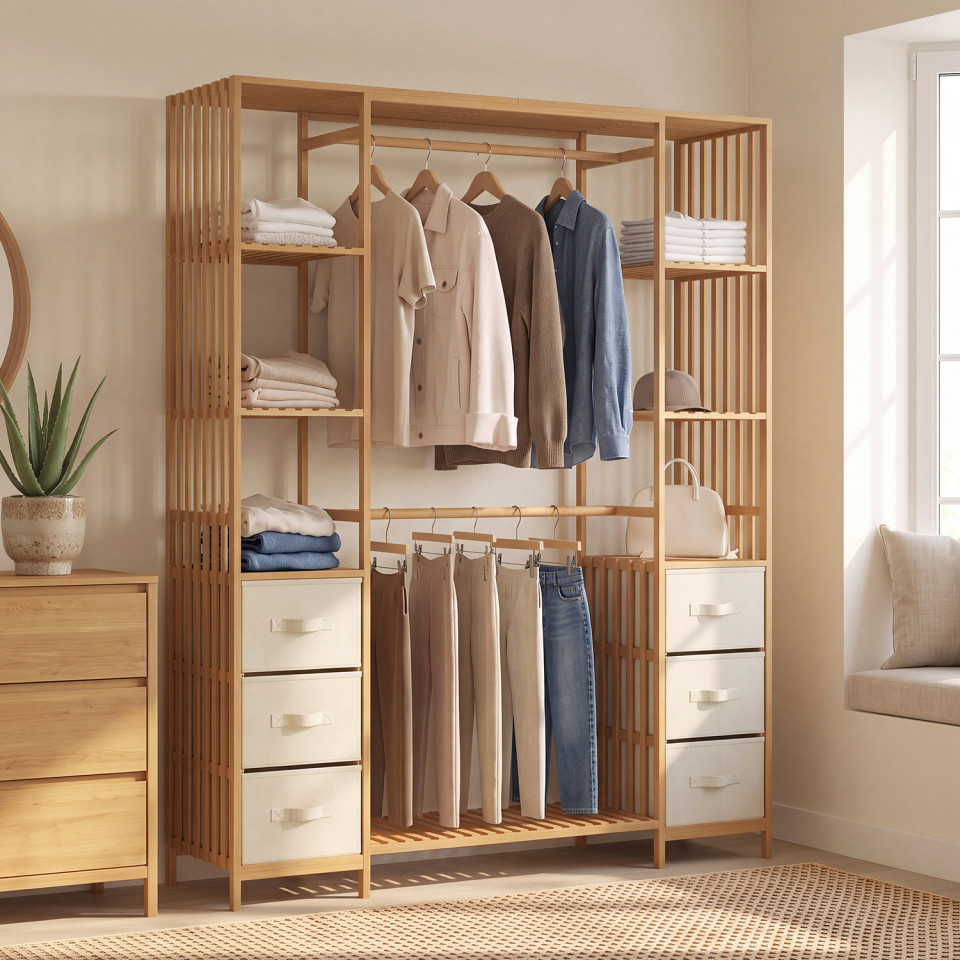 Dressing Maya bambou double penderie et double colonne avec tiroirs