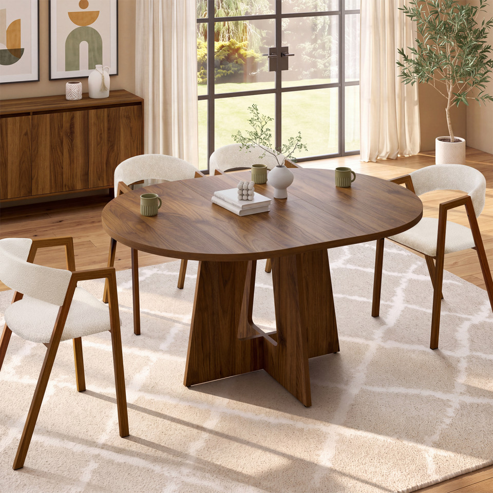 Table à manger ronde extensible Héloïse effet noyer Ø110-150cm