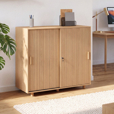 Armoire basse de bureau Faustine 2 portes effet lattes