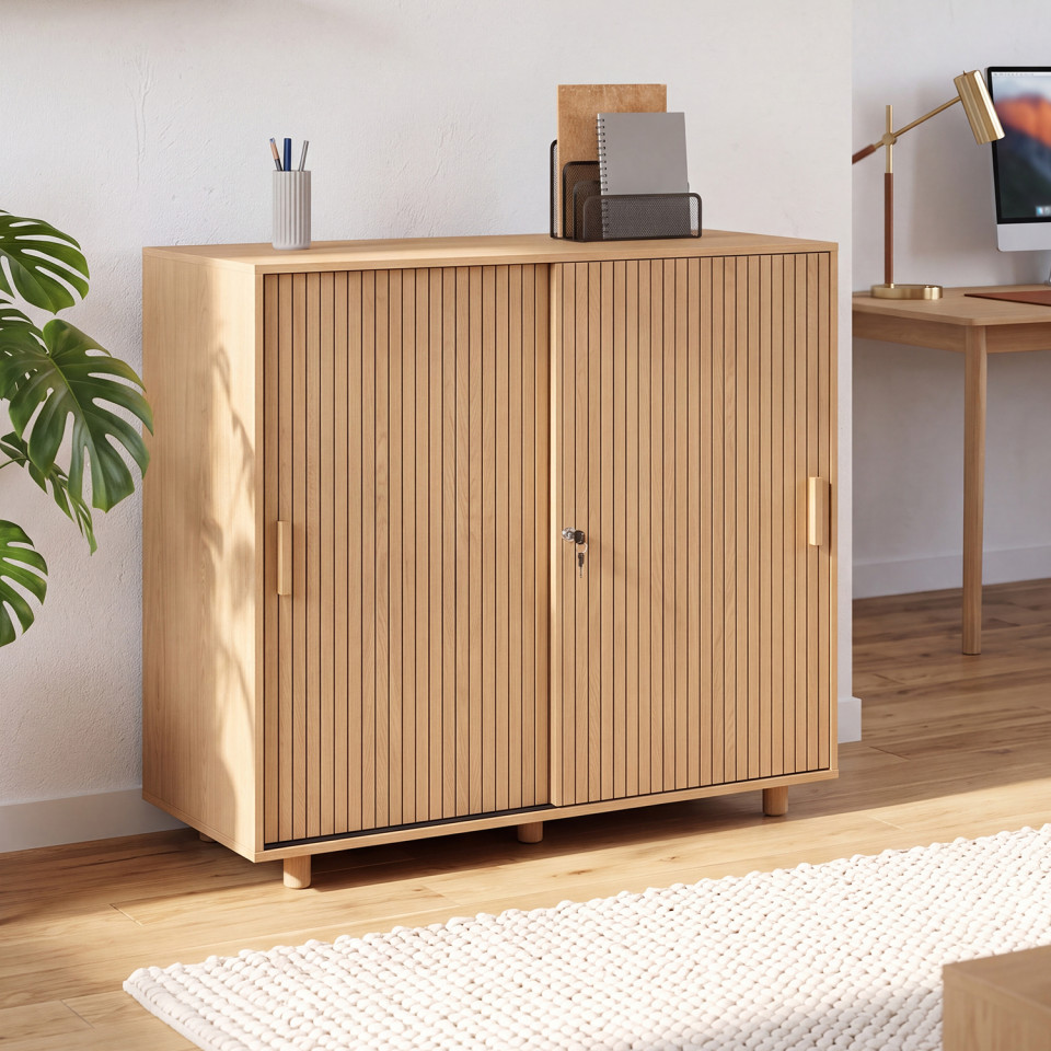 Armoire basse de bureau Faustine 2 portes effet lattes